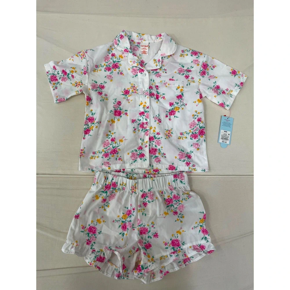 Cat & Jack Girls Size M 8 Floral Pajama Set Short Sleeve Button Top Shorts NWT
